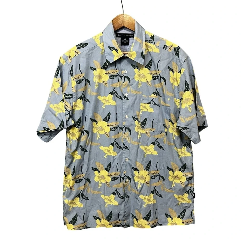 Tommy Hilfiger Hibiscus Floral Button Down Shirt Blue Yellow Cotton Medium